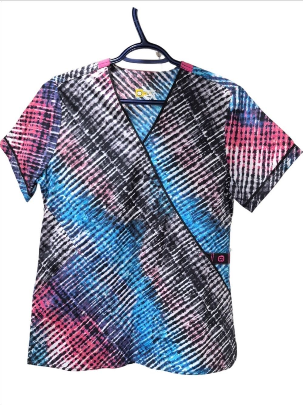 WonderWink WonderFLEX Geometric Abstract V-Neck Mock Wrap Nursing Scrub Top